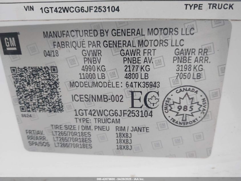 2018 GMC Sierra 3500Hd Sle VIN: 1GT42WCG6JF253104 Lot: 42078608