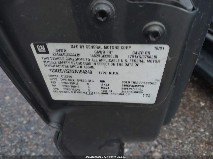 2002 Chevrolet Tahoe Lt VIN: 1GNEC13Z52R164248 Lot: 42078630