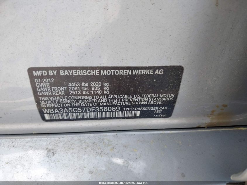 2013 BMW 328I VIN: WBA3A5C57DF356069 Lot: 42078635