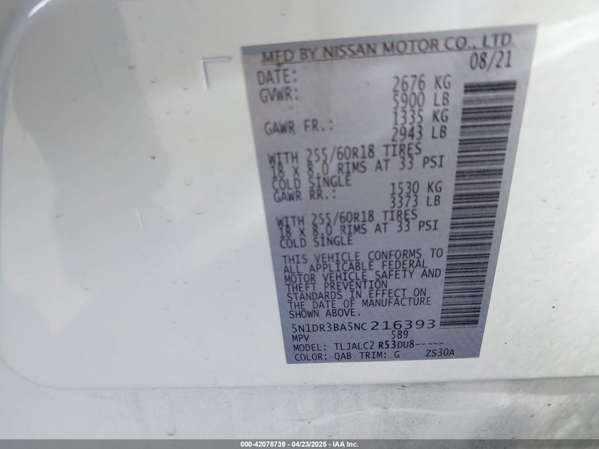 2022 NISSAN PATHFINDER SV 2WD - 5N1DR3BA5NC216393