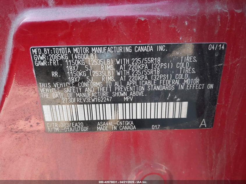 2014 TOYOTA RAV4 VIN: 2T3DFREV3EW162247
