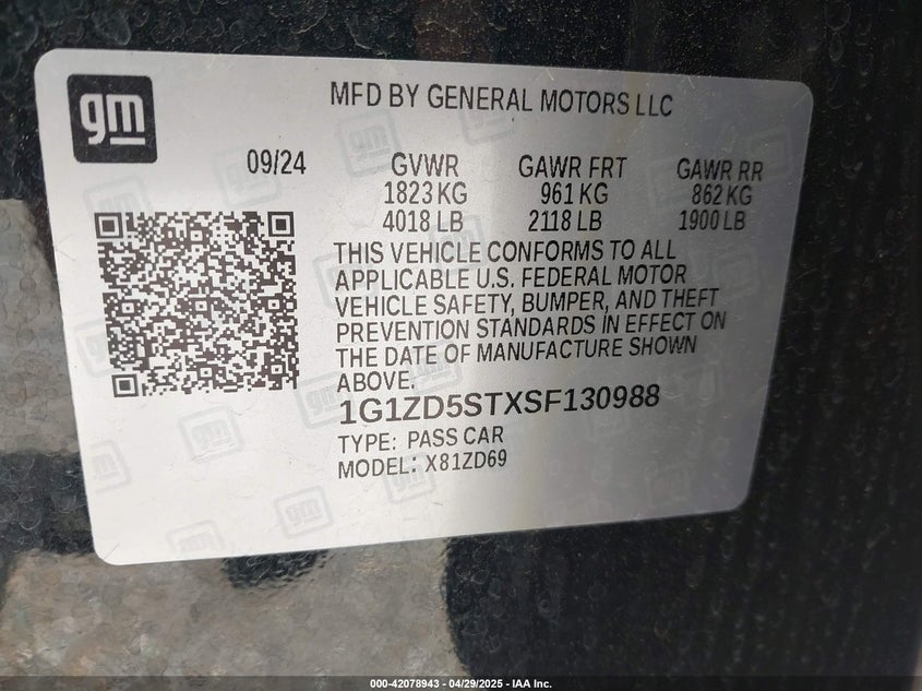 2025 CHEVROLET MALIBU VIN: 1G1ZD5STXSF130988