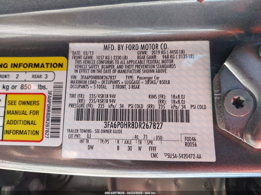 2013 FORD FUSION VIN: 3FA6P0HR8DR267827