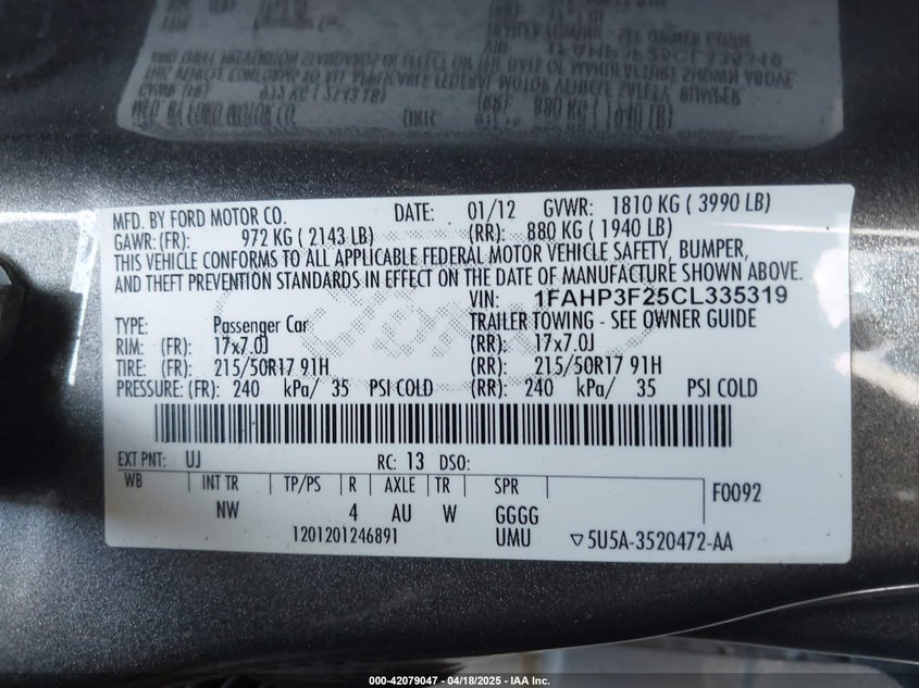2012 FORD FOCUS VIN: 1FAHP3F25CL335319