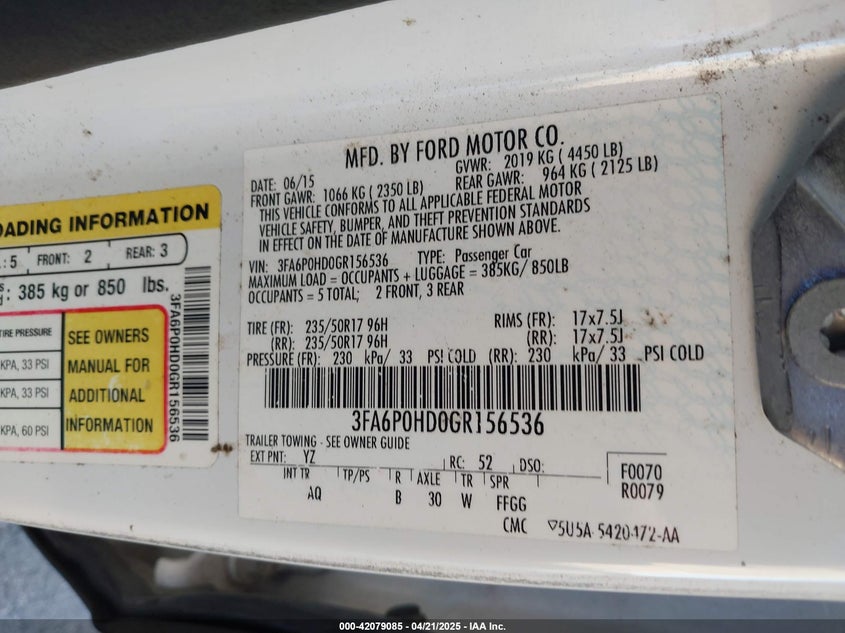 2016 FORD FUSION VIN: 3FA6P0HD0GR156536