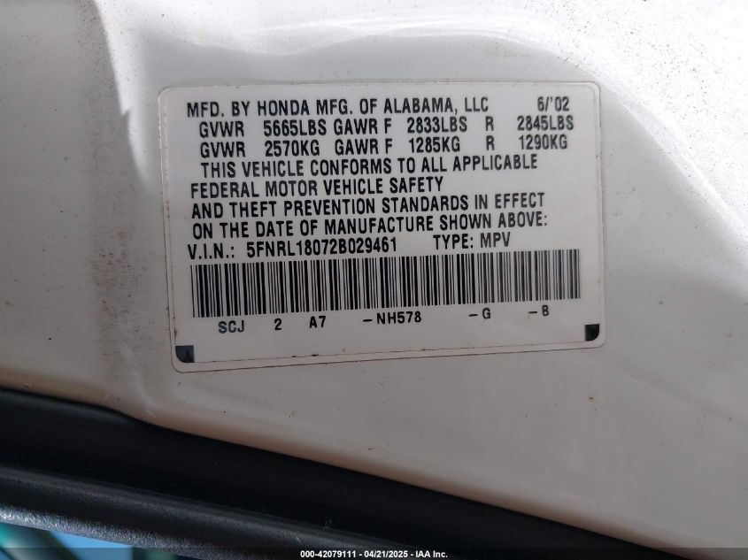 2002 Honda Odyssey Ex-L VIN: 5FNRL18072B029461 Lot: 42079111