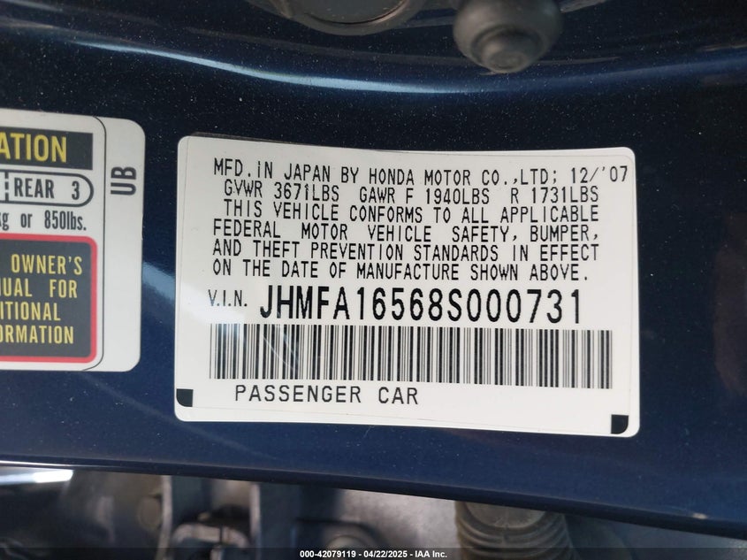 2008 HONDA CIVIC VIN: JHMFA16568S000731