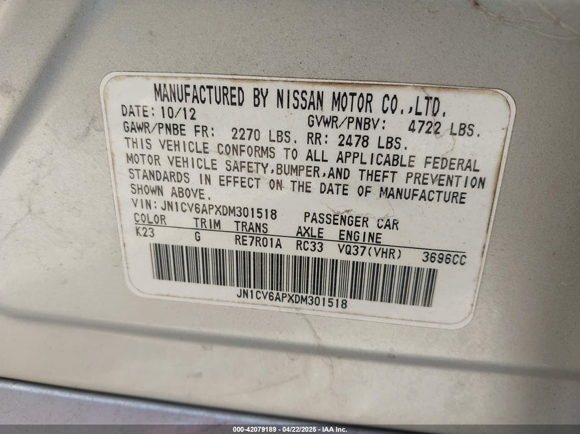 2013 INFINITI G37 VIN: JN1CV6APXDM301518