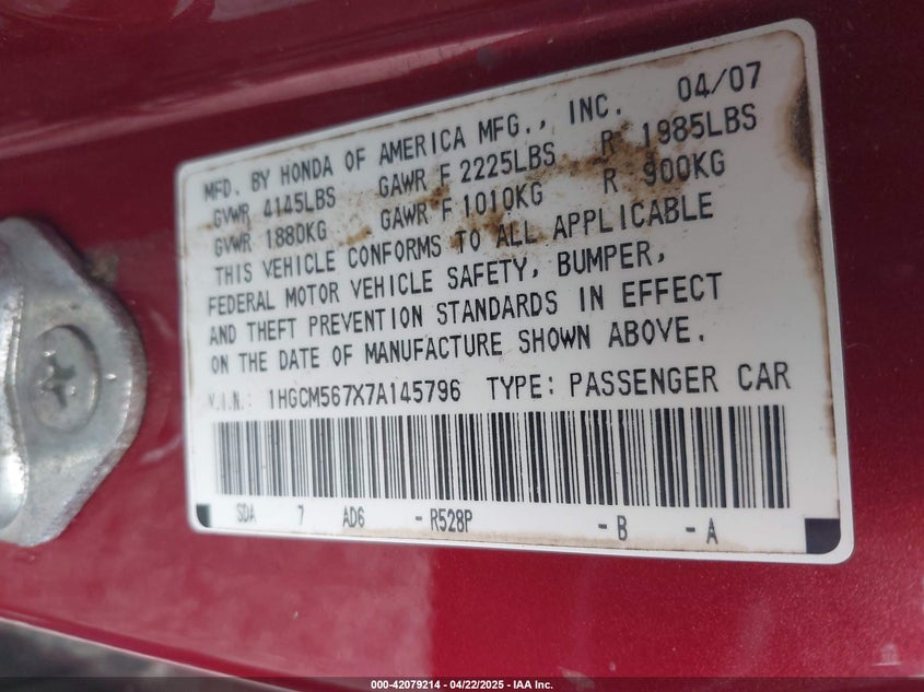 2007 HONDA ACCORD VIN: 1HGCM567X7A145796