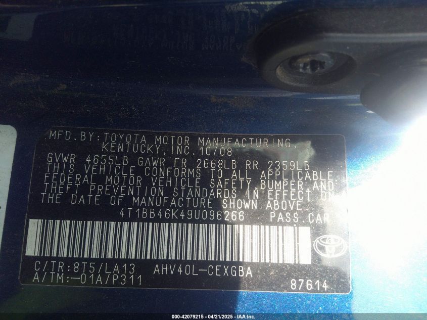 2009 Toyota Camry Hybrid Base (E-Cvt) VIN: 4T1BB46K49U096266 Lot: 42079215