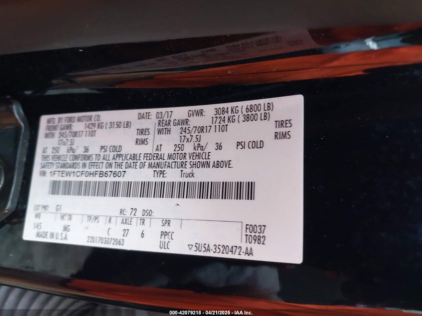 VIN 1FTEW1CF0HFB67607 2017 FORD F-150 XLT