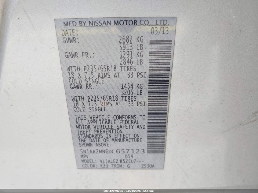 2013 Nissan Pathfinder Sv VIN: 5N1AR2MN6DC657123 Lot: 42079225