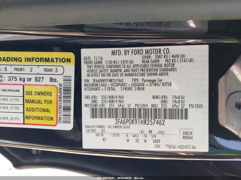 2017 FORD FUSION VIN: 3FA6P0K91HR257462