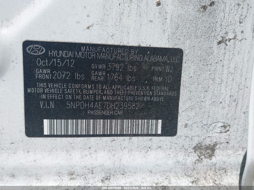 2013 Hyundai Elantra Gls VIN: 5NPDH4AE7DH239582 Lot: 42079368