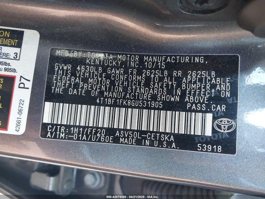 2016 TOYOTA CAMRY VIN: 4T1BF1FK8GU531905