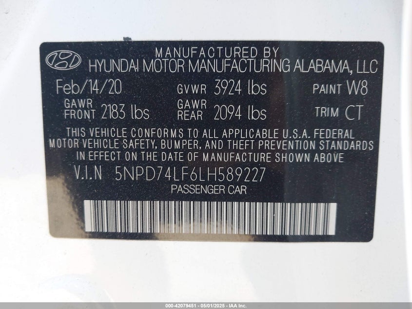 2020 HYUNDAI ELANTRA VIN: 5NPD74LF6LH589227