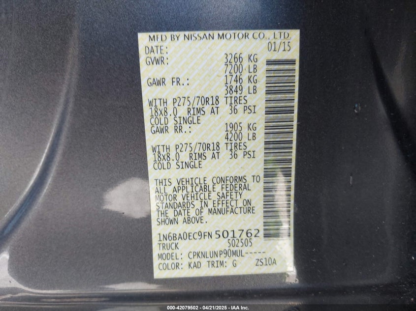 2015 Nissan Titan Pro-4X VIN: 1N6BA0EC9FN501762 Lot: 42079502