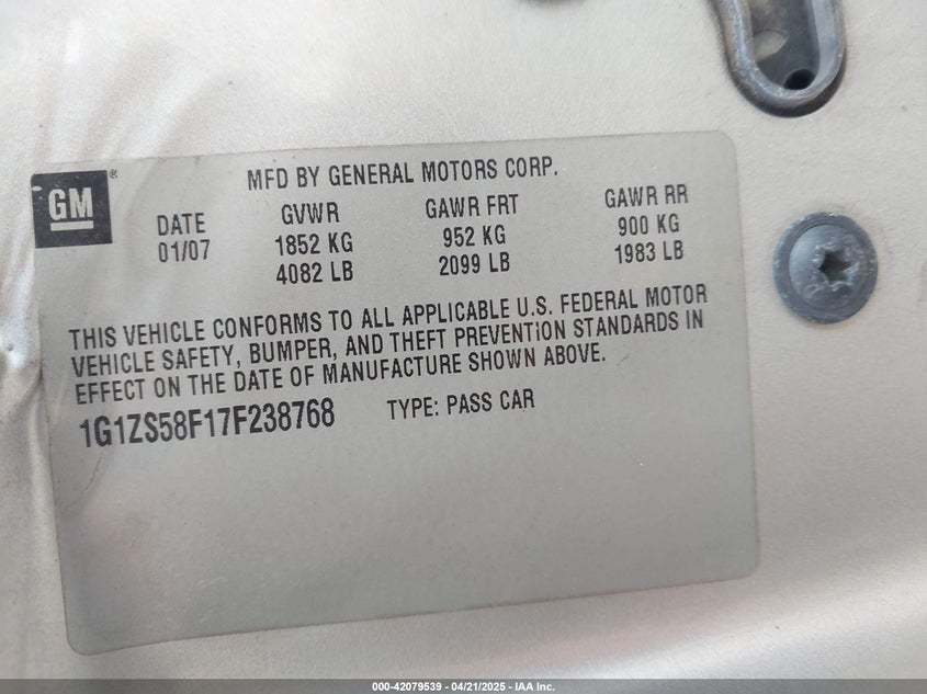 2007 CHEVROLET MALIBU VIN: 1G1ZS58F17F238768