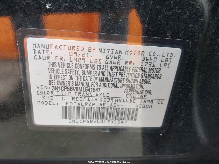 2021 NISSAN KICKS VIN: 3N1CP5BV6ML541547