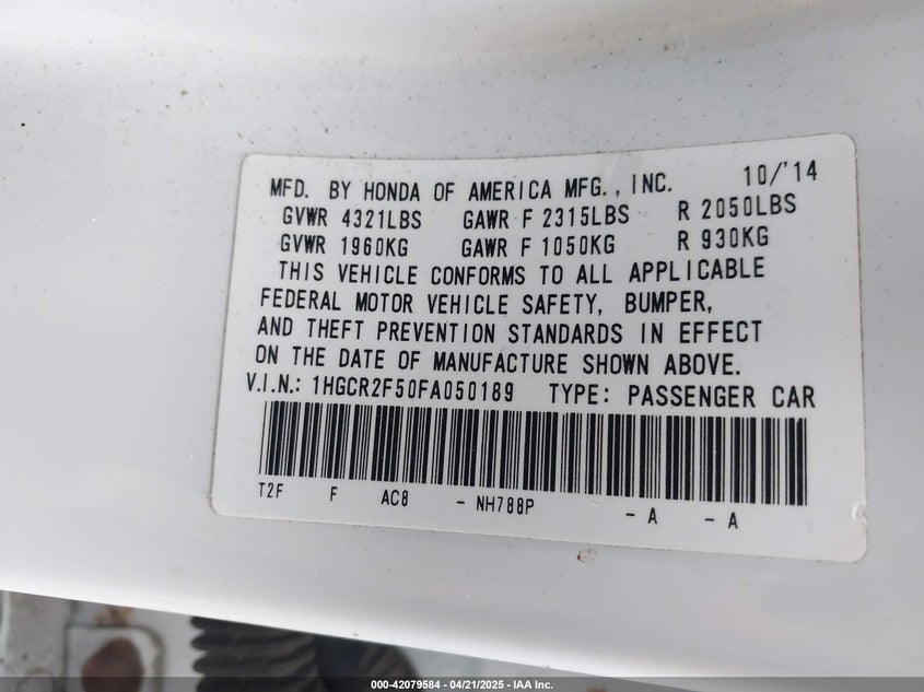 2015 HONDA ACCORD VIN: 1HGCR2F50FA050189