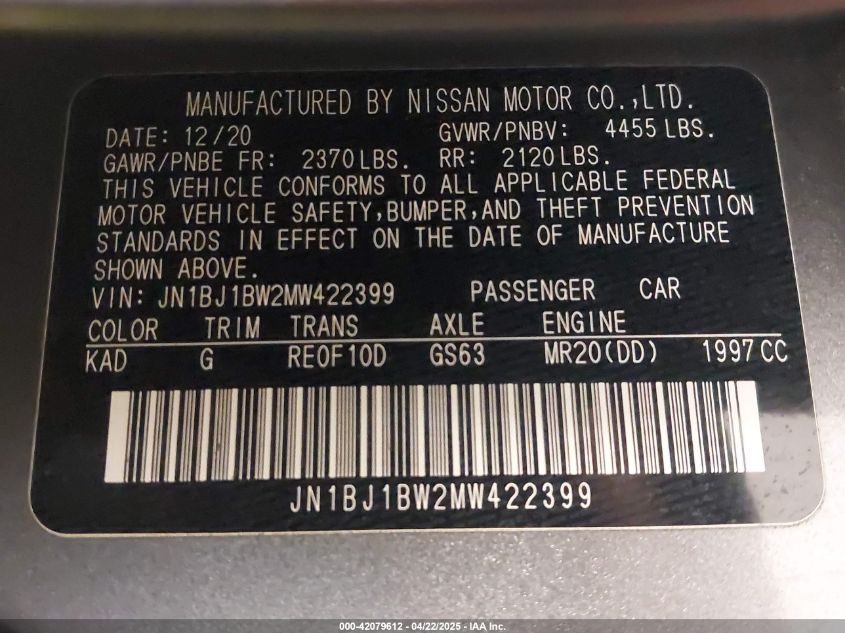 2021 Nissan Rogue Sport Sv Awd Xtronic Cvt VIN: JN1BJ1BW2MW422399 Lot: 42079612