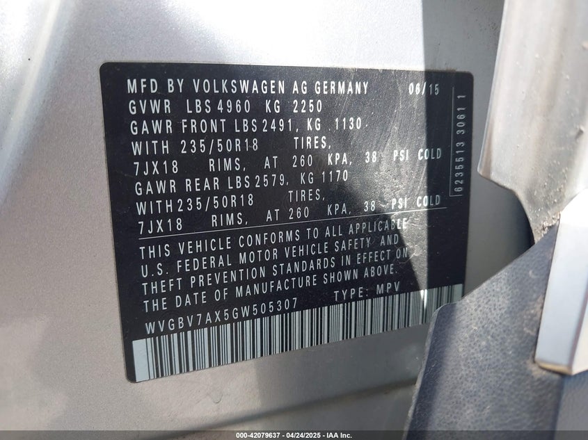 2016 VOLKSWAGEN TIGUAN S/SE/SEL/R-LINE - WVGBV7AX5GW505307