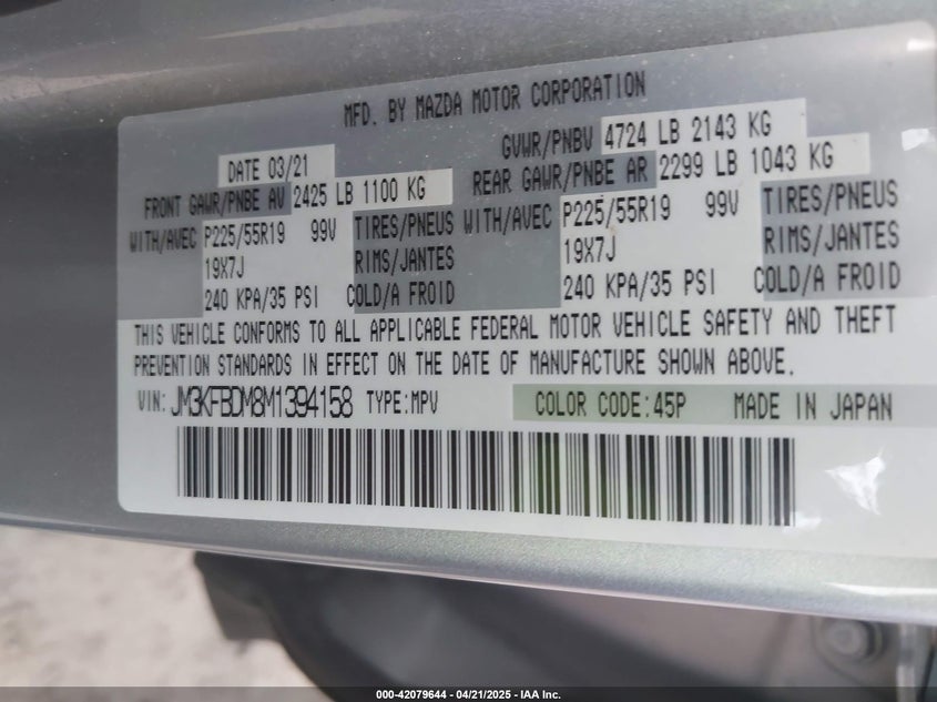 2021 MAZDA CX-5 VIN: JM3KFBDM8M1394158