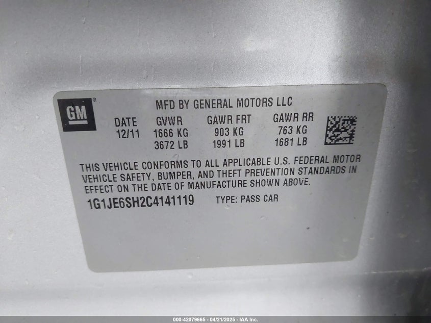 2012 CHEVROLET SONIC VIN: 1G1JE6SH2C4141119