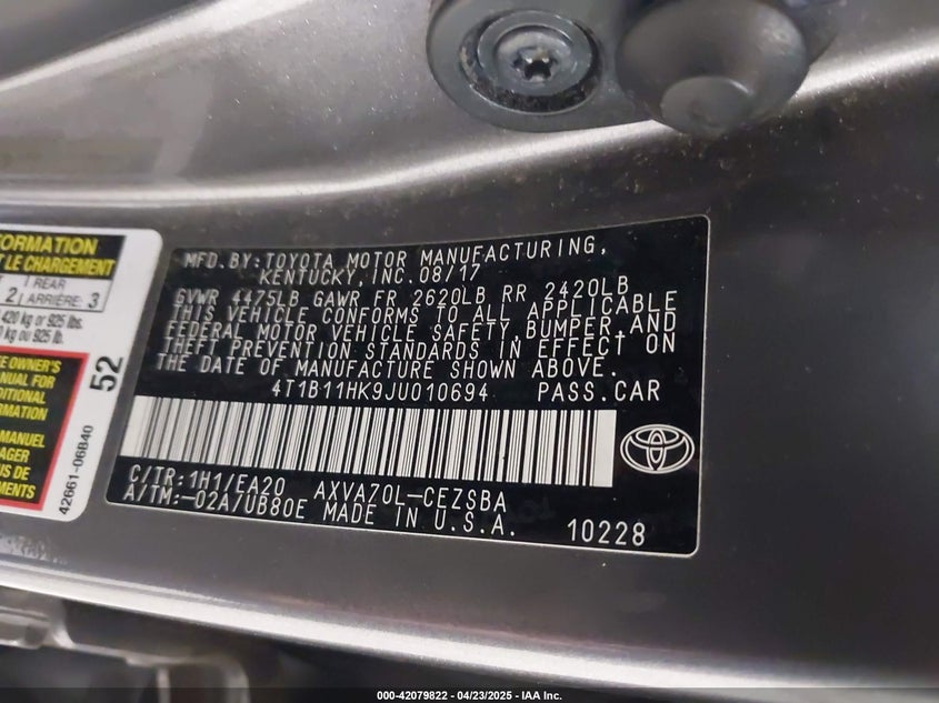 2018 TOYOTA CAMRY L/LE/XLE/SE/XSE - 4T1B11HK9JU010694