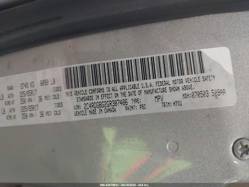 2016 Dodge Grand Caravan Se VIN: 2C4RDGBG2GR387486 Lot: 42079841