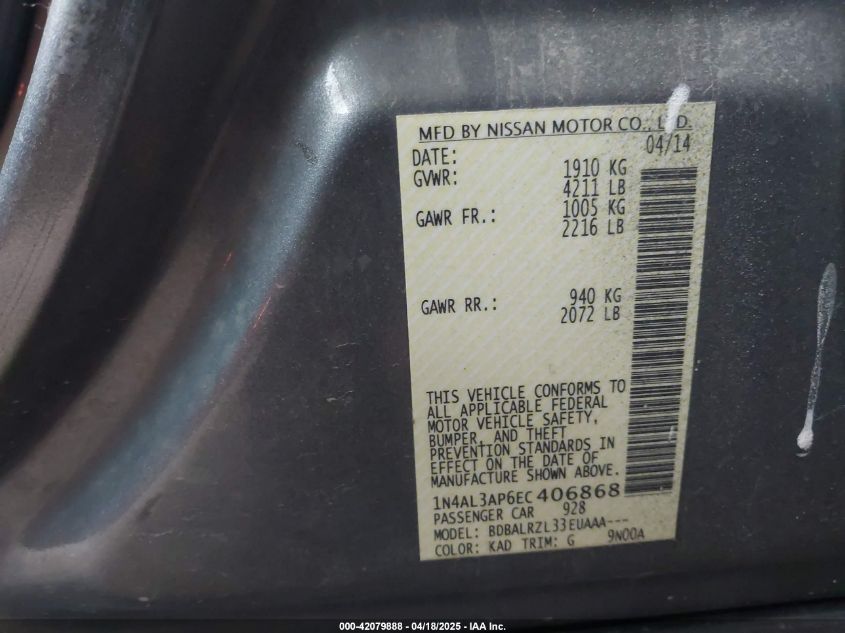 2014 Nissan Altima 2.5/2.5 S/2.5 Sl/2.5 Sv VIN: 1N4AL3AP6EC406868 Lot: 42079888