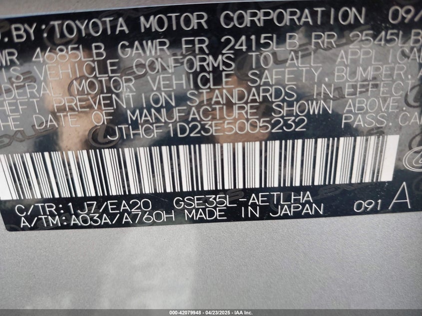 2014 LEXUS IS 250 VIN: JTHCF1D23E5005232