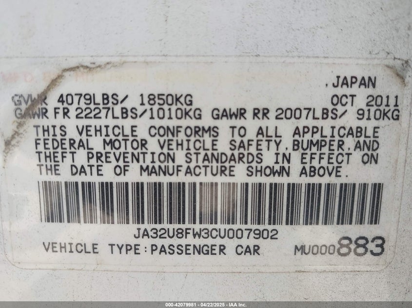 2012 MITSUBISHI LANCER VIN: JA32U8FW3CU007902