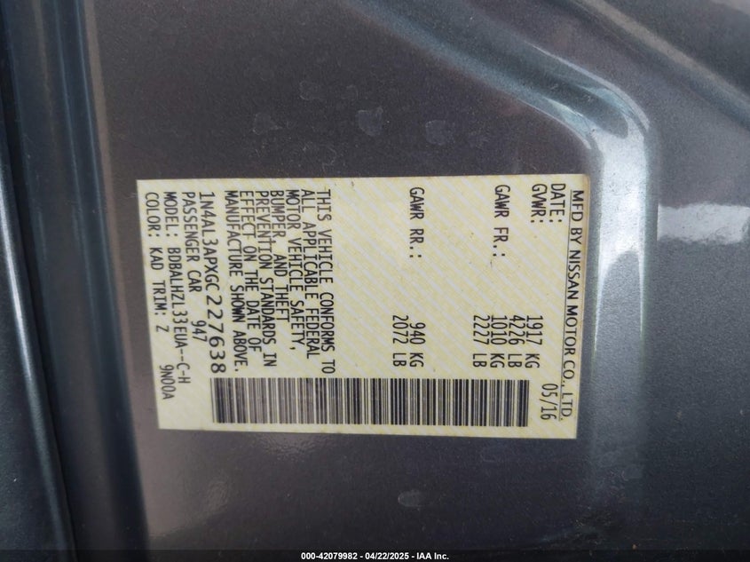 2016 NISSAN ALTIMA VIN: 1N4AL3APXGC227638