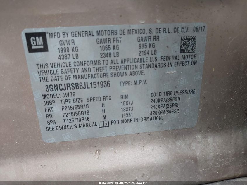 2018 Chevrolet Trax Premier VIN: 3GNCJRSB8JL151936 Lot: 42079983