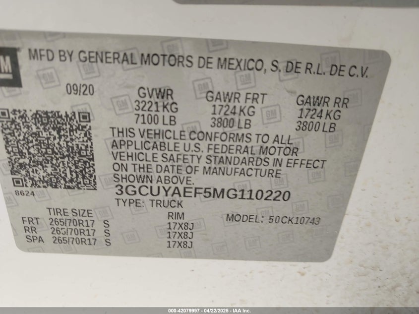 2021 CHEVROLET SILVERADO 1500 VIN: 3GCUYAEF5MG110220