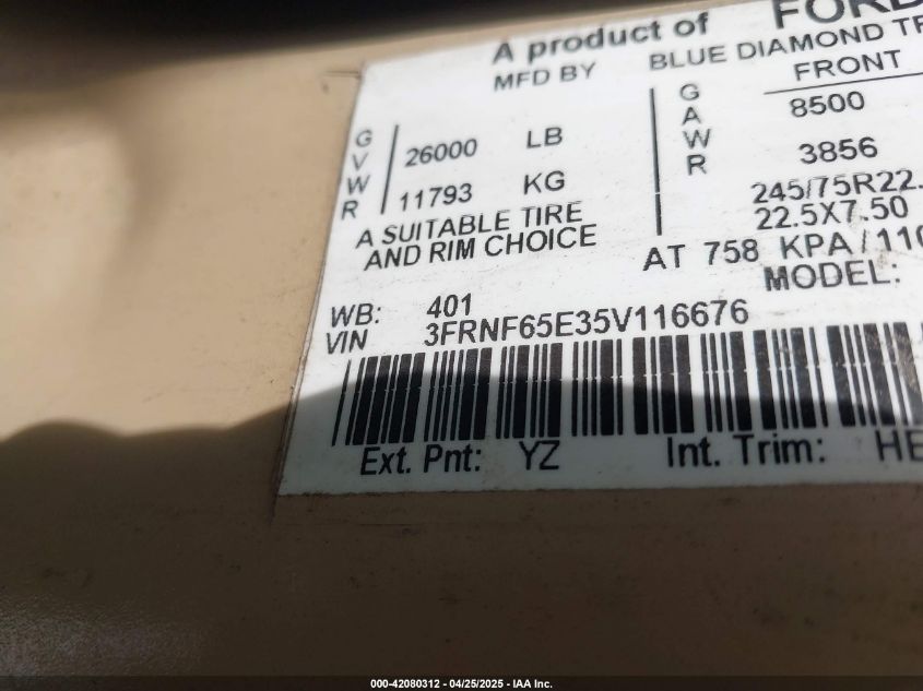 2005 Ford F-650 Xl/Xlt VIN: 3FRNF65E35V116676 Lot: 42080312