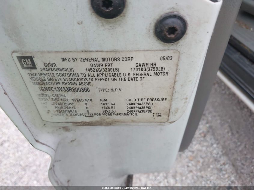 2003 Chevrolet Tahoe Ls VIN: 1GNEC13V33R300360 Lot: 42080319