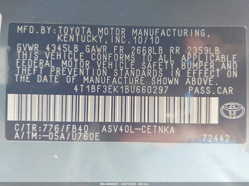 2011 TOYOTA CAMRY VIN: 4T1BF3EK1BU660297