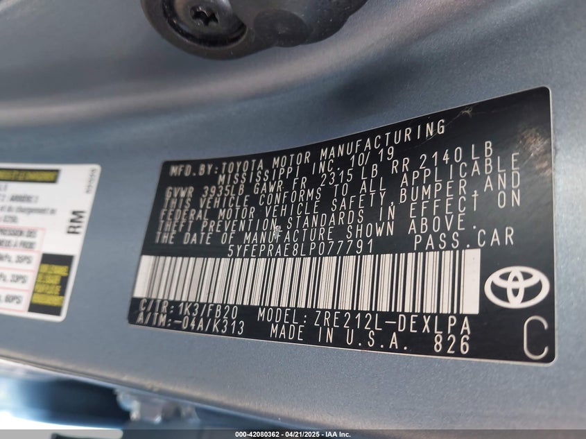 2020 TOYOTA COROLLA LE - 5YFEPRAE8LP077791