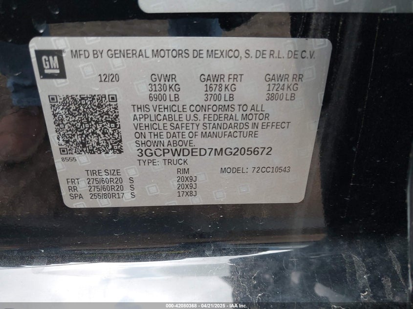 2021 CHEVROLET SILVERADO 1500 VIN: 3GCPWDED7MG205672