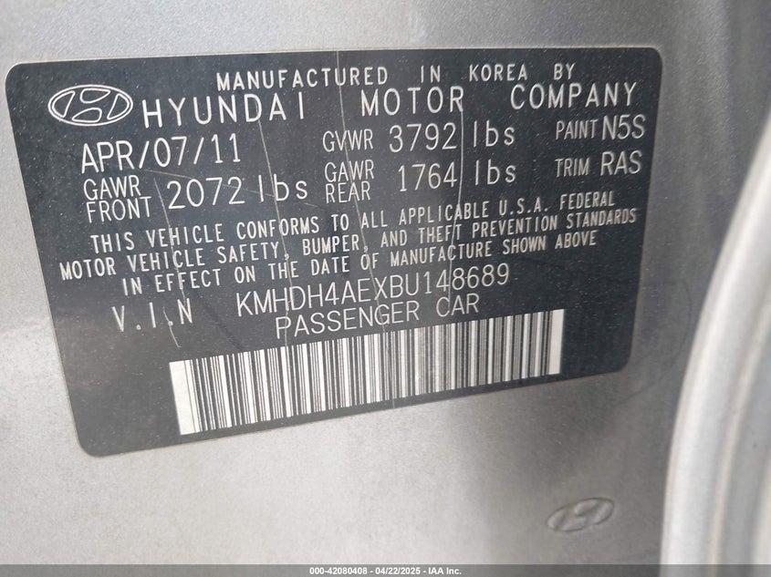 2011 HYUNDAI ELANTRA VIN: KMHDH4AEXBU148689