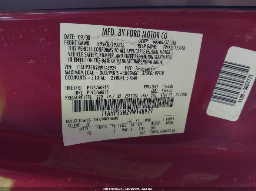 2009 Ford Focus Se VIN: 1FAHP35N29W148929 Lot: 42080422