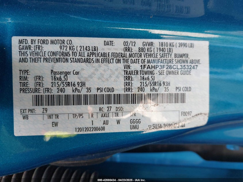 2012 FORD FOCUS VIN: 1FAHP3F28CL353247