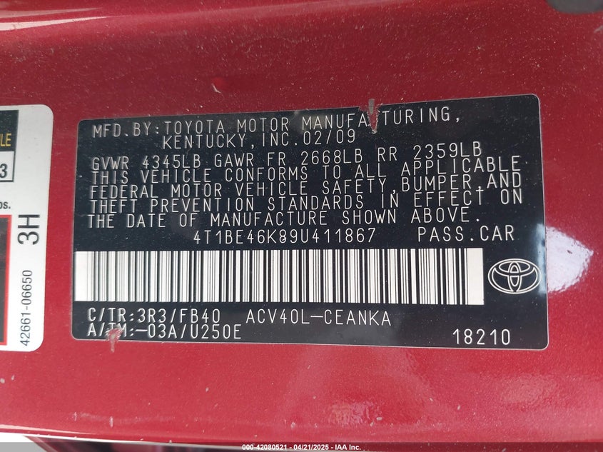 2009 TOYOTA CAMRY VIN: 4T1BE46K89U411867