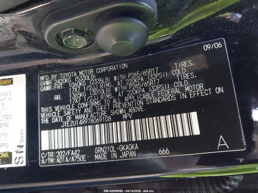 2007 Toyota 4Runner Sr5 V6 VIN: JTEZU14R978069108 Lot: 42080550