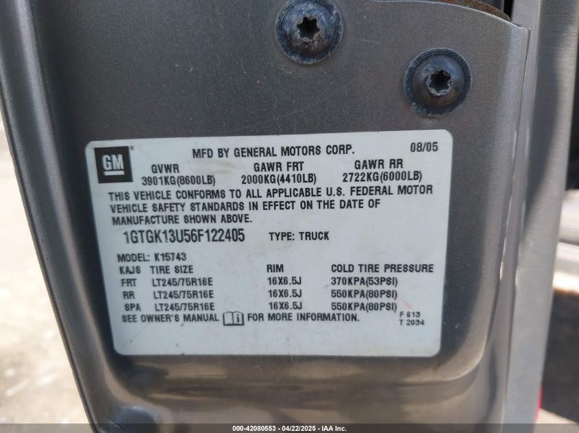 2006 GMC Sierra 1500Hd Slt VIN: 1GTGK13U56F122405 Lot: 42080553