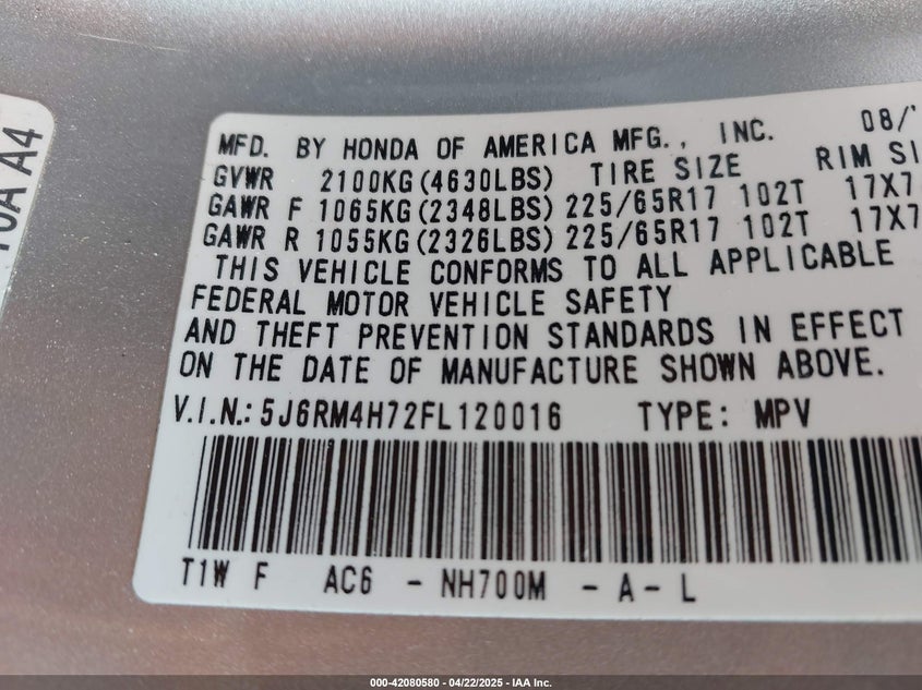 2015 HONDA CR-V EX-L - 5J6RM4H72FL120016