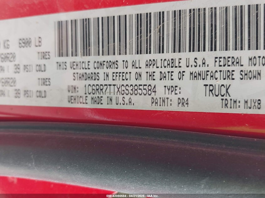 2016 Ram 1500 Outdoorsman VIN: 1C6RR7TTXGS385584 Lot: 42080584