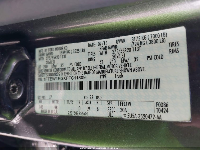2015 FORD F-150 VIN: 1FTEW1EGXFFC11809
